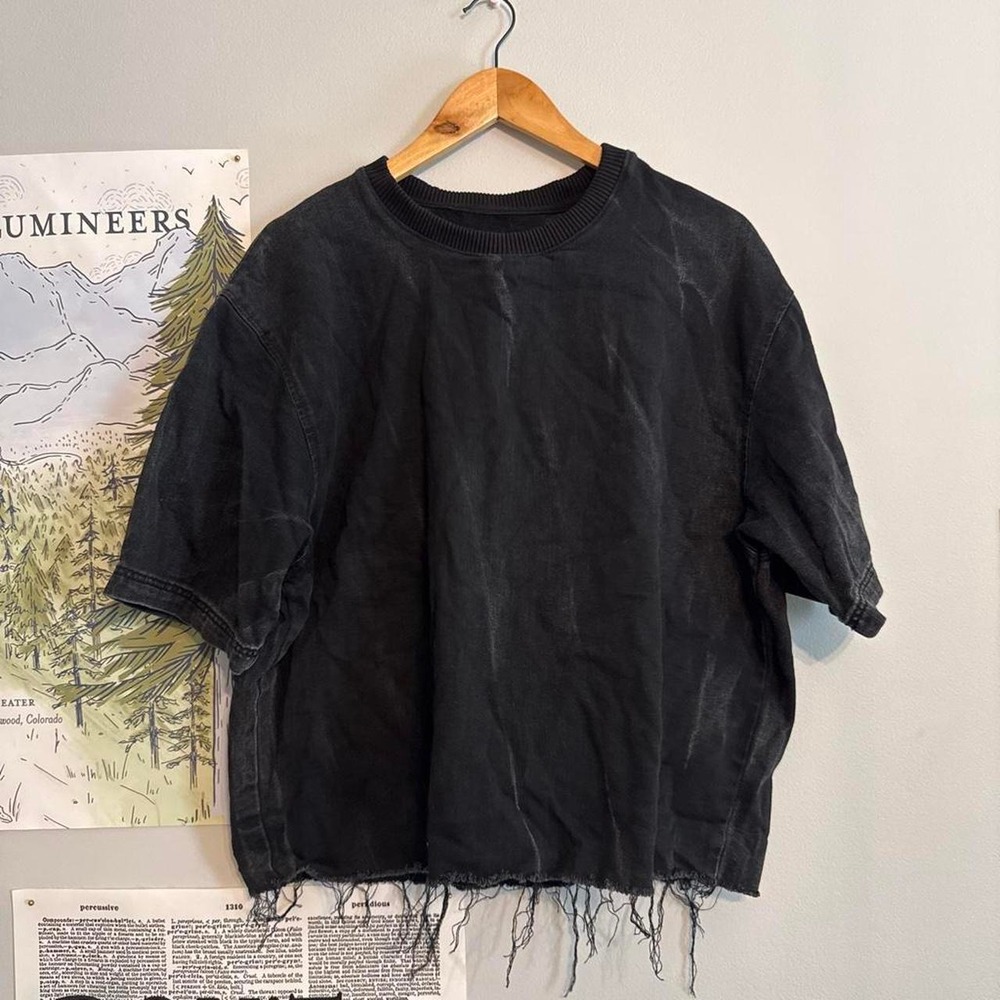 ZARA Distressed Acid Wash Crop Top Frayed Hem Black